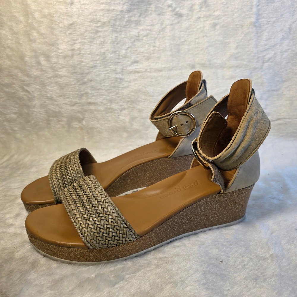 Paul Green Ankle Strap Micro Wedge Sandals Tan Brown Leather Women 8.5 Excellent
